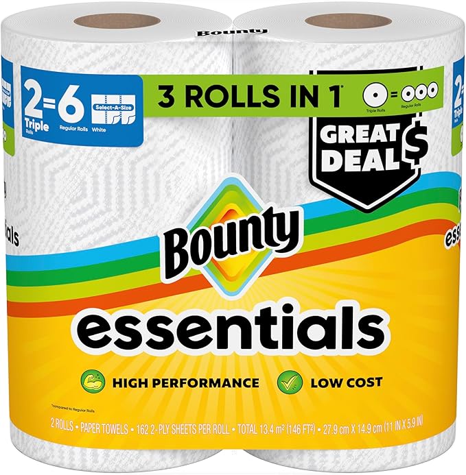 Bounty Essentials Select-A-Size Paper Towels, White, 2 Triple Rolls = 6 Regular Rolls (Packaging May Vary)