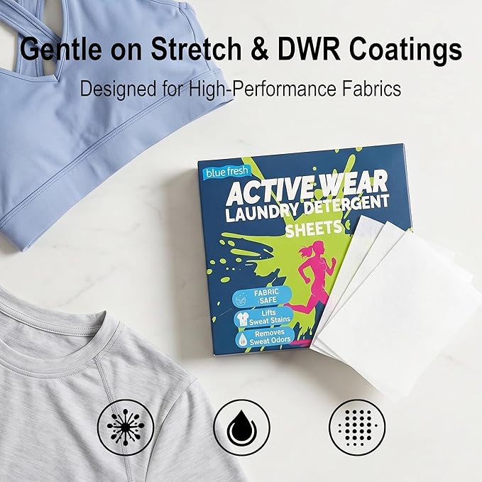 blue fresh Activewear Laundry Detergent Sheets - Gardenia Scent Sports Detergent Sheets for Sweat & Workout Clothes, Lipase Washer Sheets for Sport Performance Fabrics, Plastic-Free (100 Loads)