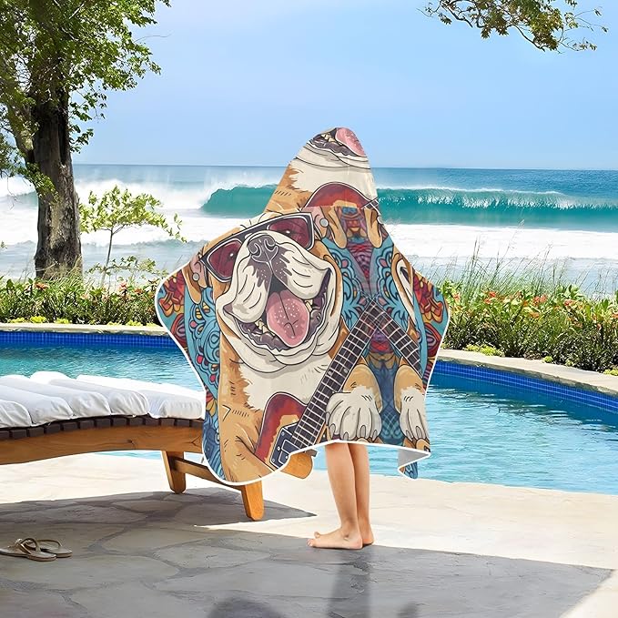 Hooded Towel for Kids Happy Bulldog Playing Guitar Beach Wrap Bath Towels 50x23.5in