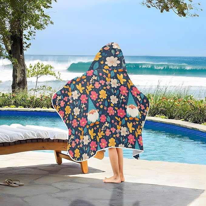 Kids Beach Towels Cartoon Cute Gnome Flowers Black Hooded Beach Bath Towel Lightweight Toddler Towels