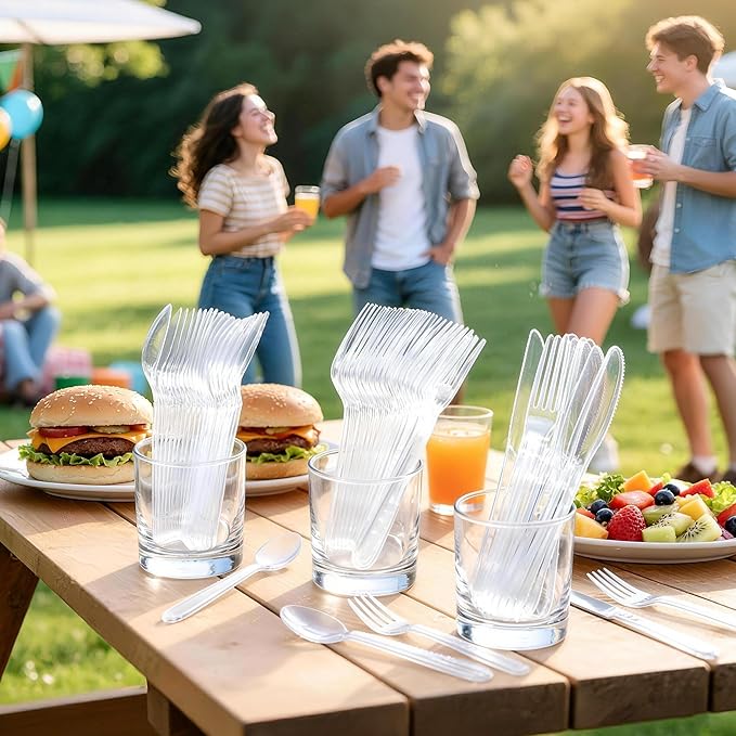 BYSNOW 360 Count Extra Heavy Duty Plastic Silverware, BPA-Free, Heat Resistant, Disposable Clear Plastic Utensils Set, Plastic Cutlery Set, Plasticware Bulk for Parties, Events and Everyday Use