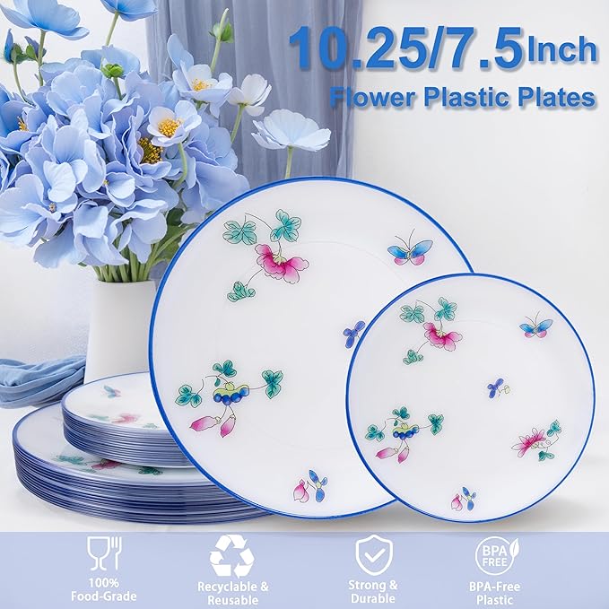 30Pcs White Plastic Plates - Butterfly Plates Disposable Heavy Duty, Fancy Floral Pattern Perfect for Weddings, Tea Parties, Holidays - 10.25" Dinner & 7.5" Dessert Plastic Plate