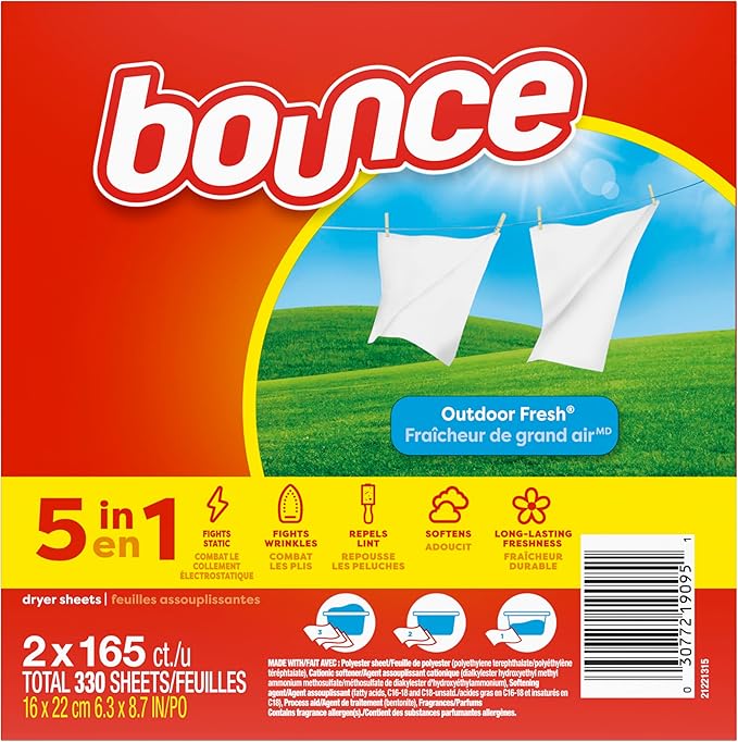 Bounce Dryer Sheets, 330 count, Outdoor Fresh Scent, Fabric Softener Sheets, Reduces Static, Softens and Fights Wrinkles (Pack of 3)