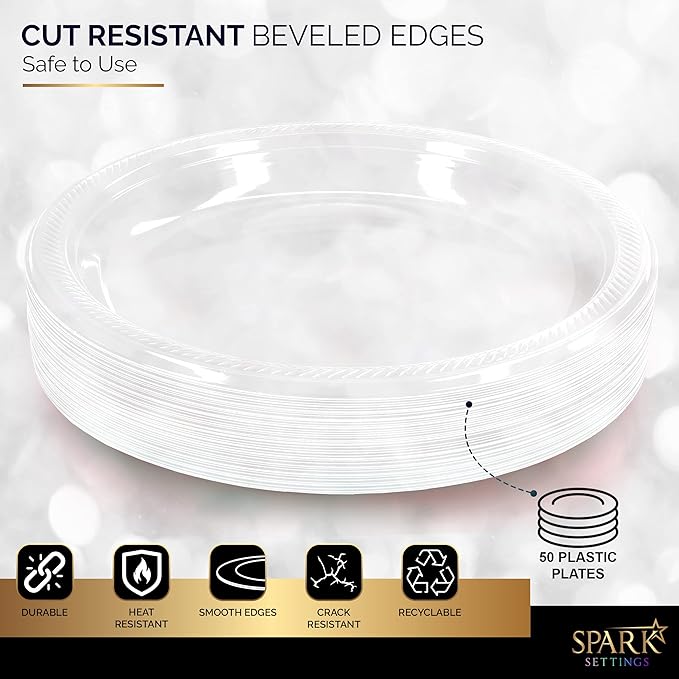 Amcrate Clear Disposable Plastic Dinner Plates, 10.4 Inches, Strong and Sturdy for Party, Holiday, Picnic, or Travel, Pack of 50