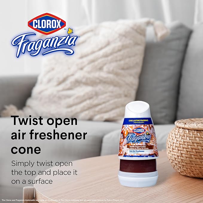 Clorox Fraganzia Gel Air Freshener Cone, Vanilla Sugar Cookie Scent - No-Plug, Battery-Free Air Freshener for Small Rooms, Closets, Kitchens, Bathrooms, Offices and More, 6 Ounce