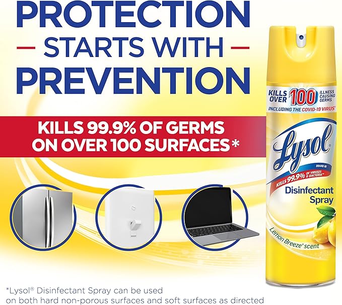 Lysol Disinfectant Spray, Household Cleaning Supplies, Disinfecting Multi-Purpose Room Spray, Antibacterial Sanitizer, Deodorizer, Kills Hantavirus, Lemon Breeze, 19 Fl Oz