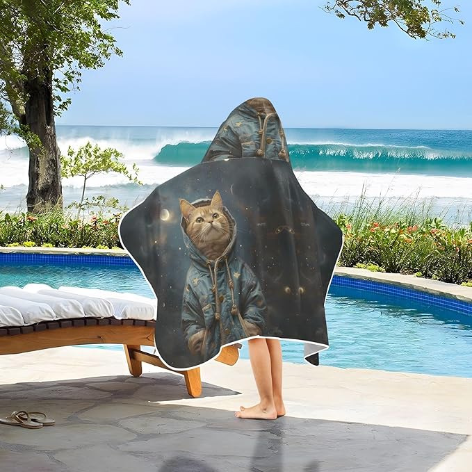 Hooded Towel for Kids Cat Standing in Space Beach Wrap Bath Towels 50x23.5in