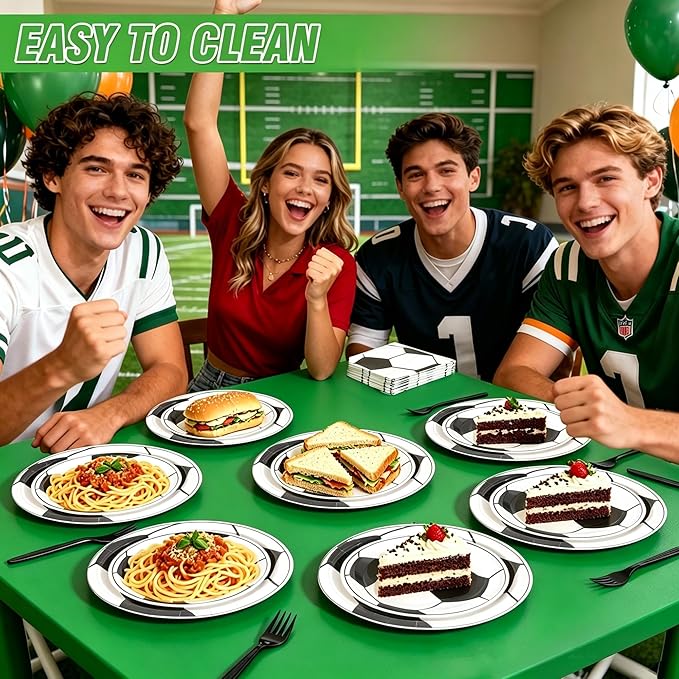 100 Pcs Soccer Party Supplies for 25 Guests, Heavy-Duty 7" & 9" Paper Plates, 2-Ply 13" Napkins & Plastic Forks, Disposable Soccer Themed Tableware Set for Game Day and Birthday