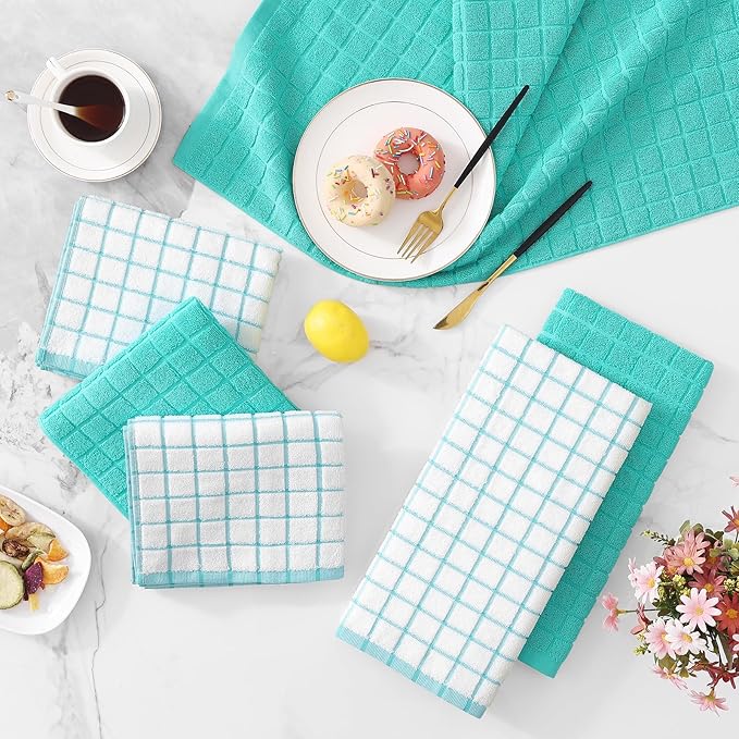 Homaxy Premium Cotton Kitchen Towels 16"x 28", Large Natural Ring Spun 390 GSM Dish Towels, Super Absorbent Terry Kitchen Hand Towels, Soft Tea Towels with Hanging Loop, Aqua Check Design, 4 Pack