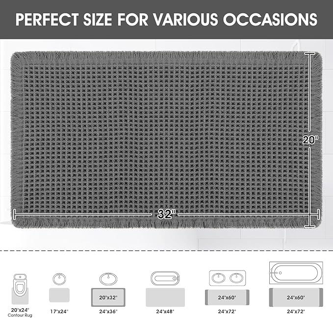 ACCUMTEK Upgraded Waffle Bath Mat, 32"x20" Grey, Super Absorbent Non-Slip Quick Dry Bathroom Rugs with Tassels, Machine Washable Ultra Soft Boho Bath Rugs for Floor, Toilet Mats Boho Farmhouse Decor