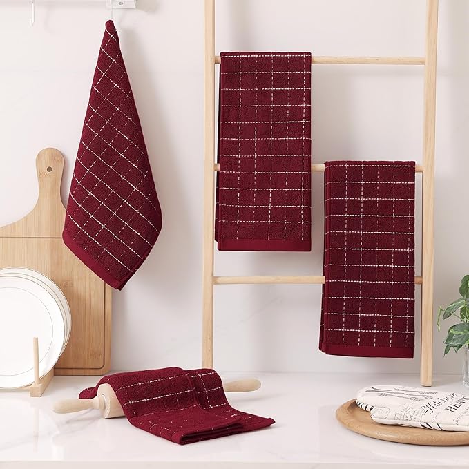 Homaxy 100% Cotton Terry Kitchen Towels(Burgundy Red, 13 x 28 inches), Checkered Designed, Soft and Super Absorbent Dish Towels, 4 Pack