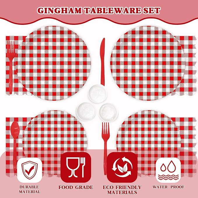Vyntra Checkered Gingham Paper Plates and Napkins Set for 25" 9" Dinner Plates & 7" Dessert Plate, Birthday Party (Red Gingham, 175 Pcs)