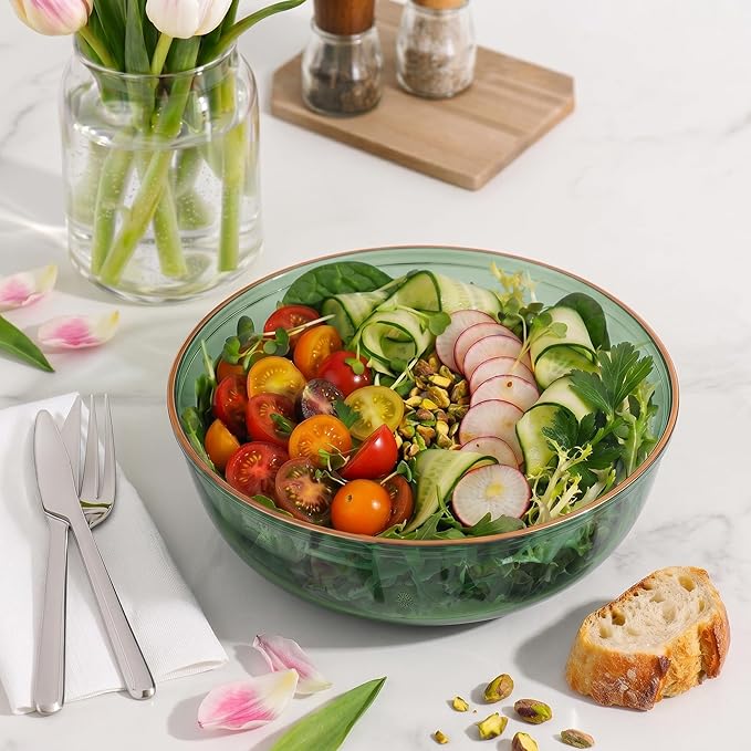 PLASTICPRO Plastic Party Plates Edge Collection Premium heavyweight Elegant Disposable Tableware Dishes (TRANSLUCENT GREEN WITH GOLD RIM, 16 OZ BOWLS)