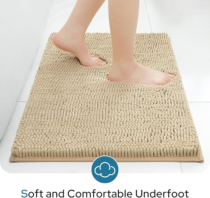 BYSURE Beige Bathroom Rugs Sets 3 Piece with Toilet Lid Cover Non Slip Extra Absorbent Plush Chenille Soft Washable Bath Mats