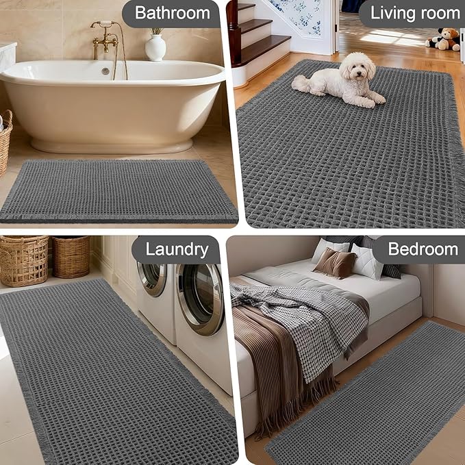 Upgraded Waffle Bath Mat Set 3 Piece Grey, Super Absorbent Non-Slip Quick Dry Bathroom Rugs with Tassels, Machine Washable Ultra Soft Boho Bath Rugs for Floor, Toilet Mats Boho Farmhouse Decor