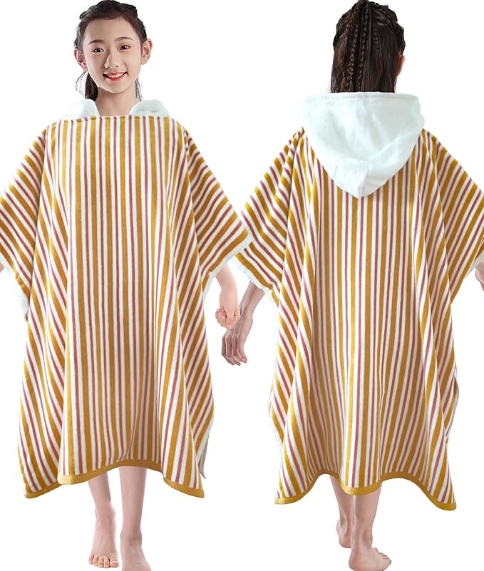 VOOVA & MOVAS Hooded Poncho Towel for Teens Unisex 100% Cotton Vibrant Lightweight Beach Surfing Bath Cover Up Orange Red Stripe