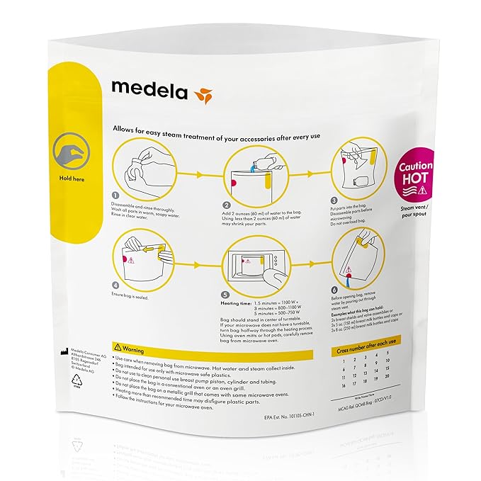 Medela Quick Clean Micro-Steam Bags for Bottles and Breast Pump Parts | Eliminates 99.9% of Common Bacteria and Germs for Easy Disinfecting of Most Breast Pump Accessories | 5 CT