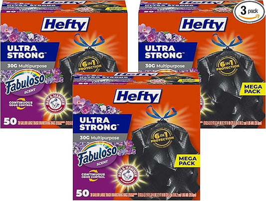 Hefty Ultra Strong 30 Gallon Trash Bags, Large Bags 30 Gallon Size, Multipurpose, Break Resistant Drawstring Closure, Resists Leaks, Punctures, Tears, Black, Fabuloso Scent, 50 Bags (Pack of 3)