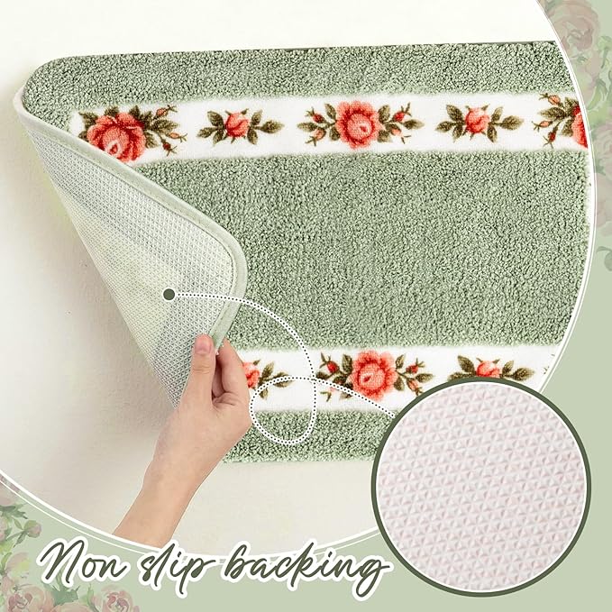 Drydiet 3 Pcs Rose Flowers Bathroom Rugs Set Coquette Room Decor Floral Carpet for Bathroom Bedroom Living Room, Floral Bath Mat Non Skid Romantic Rose Flower Area Rugs 3 Shapes(Green,Small)