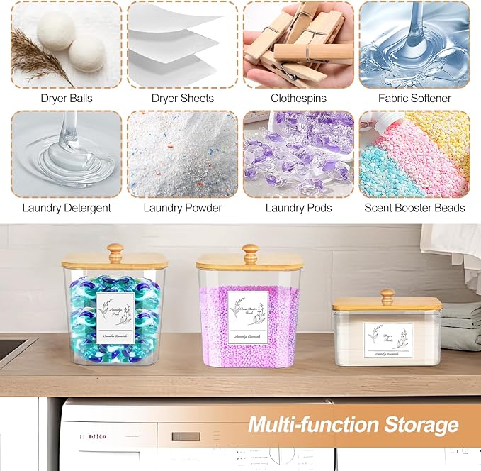 COAZEX 3 Pack Plastic Laundry Pods Container & Dryer Sheet Holder, Laundry Room Organization and Storage Jars with Lids, Scoops & Labels for Detergent, Powder, Scent Booster