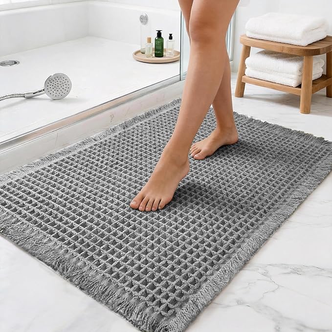 Waffle Bathroom Rugs, Large Non Slip Absorbent Waffle Knit Bath Mat for Shower Floor, Tub and Bathroom Door, Ultra Soft Quick Dry, Grey, 24"x36"