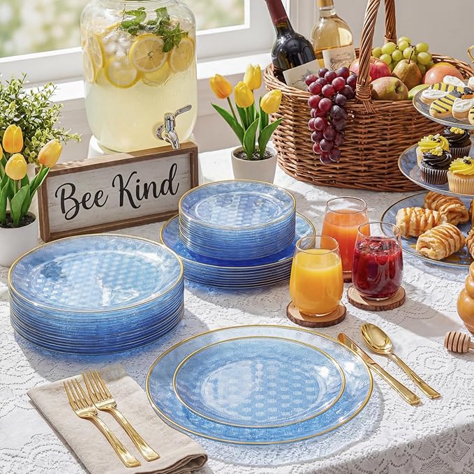 Festiva 60PCS Clear Blue Gold Plastic Plates - Heavy Duty Fancy Disposable Plates With Gold Rim -serve for 30 guests Include Each 30PCS 10.25" & 7.5" Honeycomb Design Plates for Party(Blue)