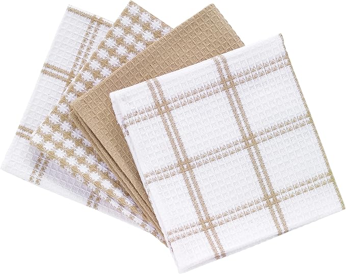 T-Fal Premium Waffle Dish Cloths: Highly Absorbent, Super Soft Long Lasting - 100% Cotton, 12"x13" Towel for Cleaning & Drying, (4-Pack), Sand