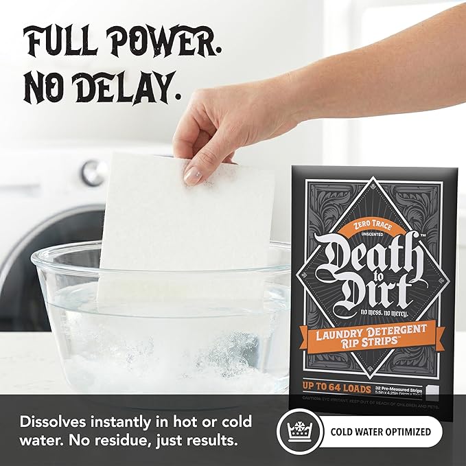 Death to Dirt Laundry Detergent Sheets, 192 Loads, Tough on Stains and Odors, Gentle on Skin and Fabric, Plant-Based & Eco-Friendly, Zero Trace Unscented, 32ct (3 Pack)