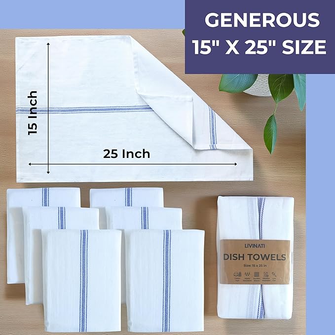 Bulk Kitchen Towels Cotton for Chefs in Commercial Restaurants - 15"X25" - 6 Pack - White Linen Tea Dish Towels - Lint Free Soft Absorbent Center Blue Striped Herringbone Weave Towles