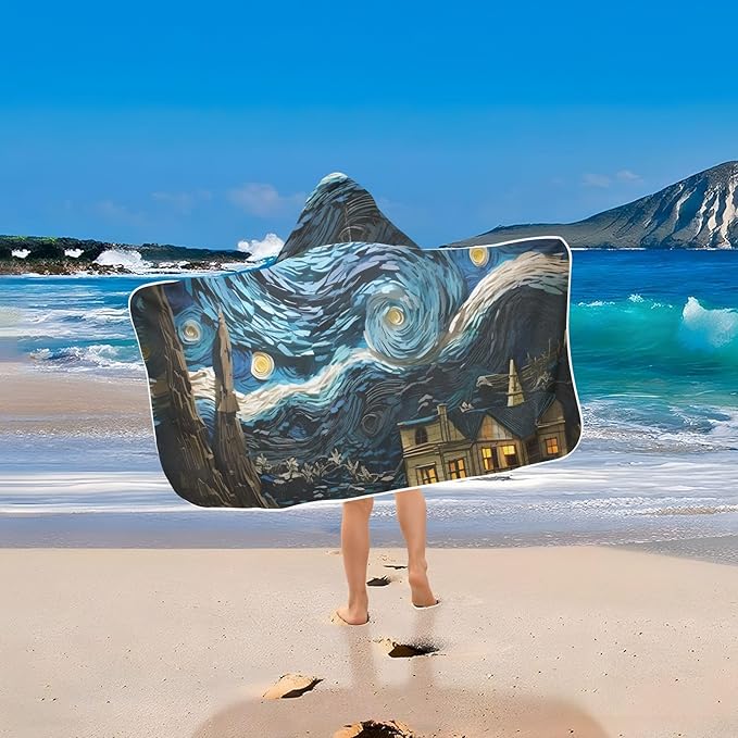 Hooded Towel for Kids Colorful Impressionist Night Sky Landscape Beach Wrap Bath Towels 50x23.5in