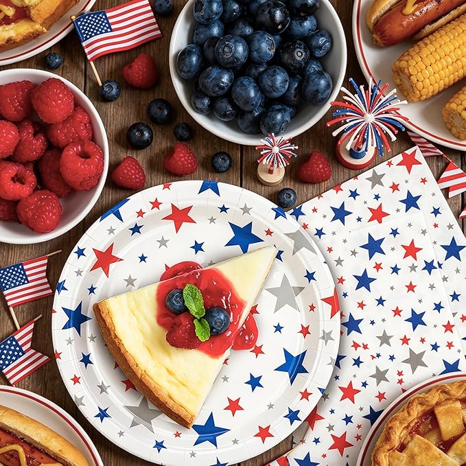 100Pcs 4th of July Plates and Napkins,Patriotic Party Tableware Set | 50*9inch Plates | 50*6.5inch Napkins,250th Anniversary Red Blue Silver Stars for Independence Day Veterans&Memorial Day Decoration
