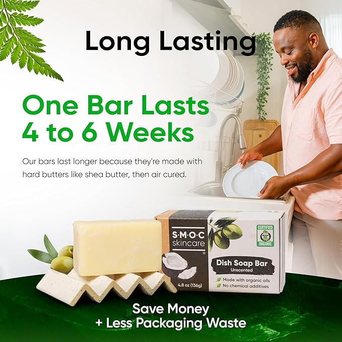 Certified Organic Dish Soap Bars 2-Pack — Solid Dishwashing Soap Blocks — Vegan, made with Food-Grade Ingredients - Extra Virgin Olive Oil & Shea Butter — No Palm Oil (2)