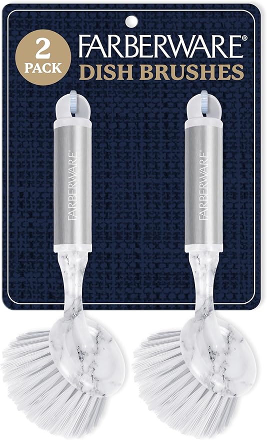 Farberware Dish Brush with Handle – 2 Pack Kitchen Scrub Brush for Dishes, Non-Scratch Dishwashing Brush Set with Firm Bristles for Pots, Pans, & Sink, Long Handles for Everyday Cleaning