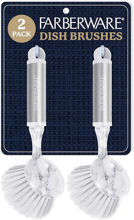 Farberware Dish Brush with Handle – 2 Pack Kitchen Scrub Brush for Dishes, Non-Scratch Dishwashing Brush Set with Firm Bristles for Pots, Pans, & Sink, Long Handles for Everyday Cleaning