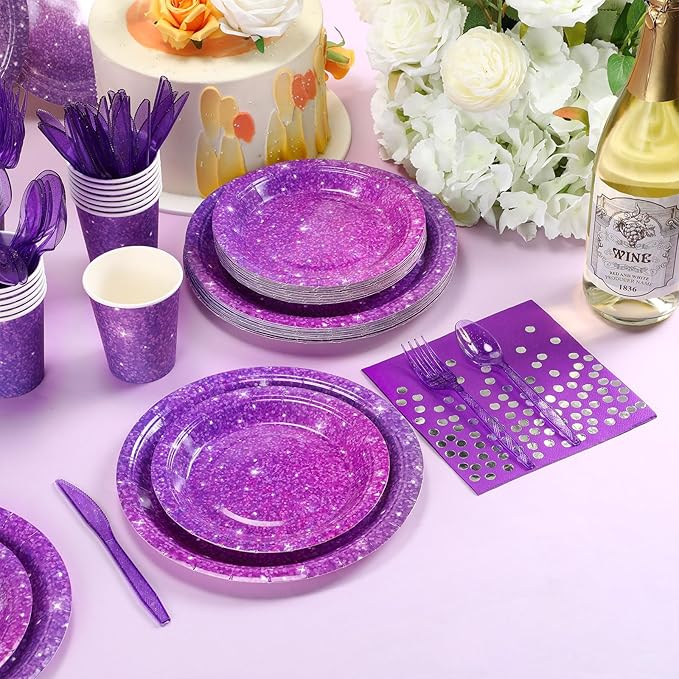 Hushee 175 Pcs Purple Holographic Print Party Supplies Guests Disposable Dinnerware Set Include Paper Plates, Napkins, Cups, Plastic Cutlery for Wedding Birthday Disco Bachelorette