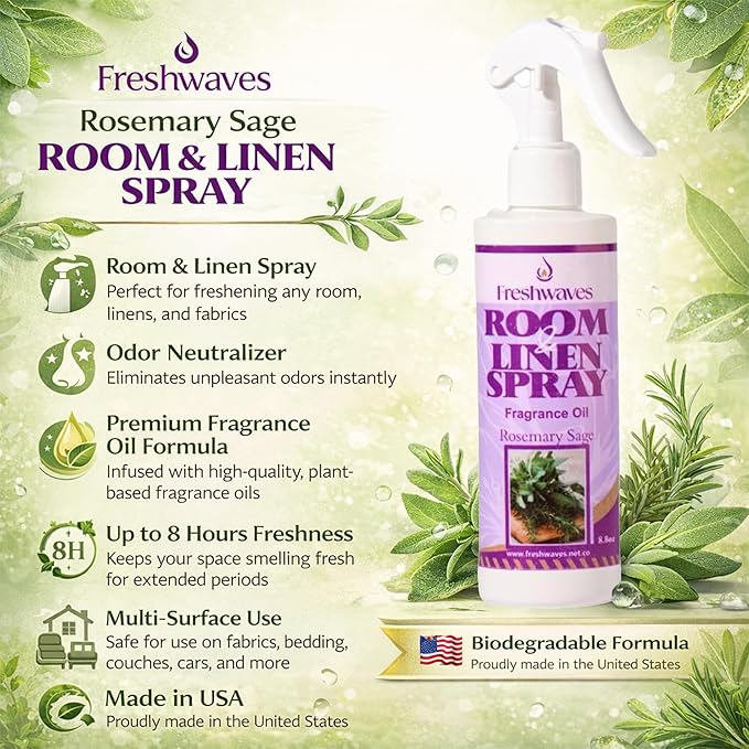 Freshwaves Room & Linen Spray | Rosemary Sage Fragrance Oil | 8.8oz White Trigger Bottle | Air Spray Freshener | Room Spray Odor Eliminator