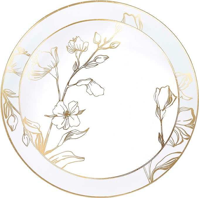 PLASTICPRO 64 Piece Combo Plates Set includes 32 7'' inch Plates & 32 10'' inch Plates White Plastic Floral Design Party Plates With Gold Rim, Premium Elegant, Disposable, Tableware, Dishes,