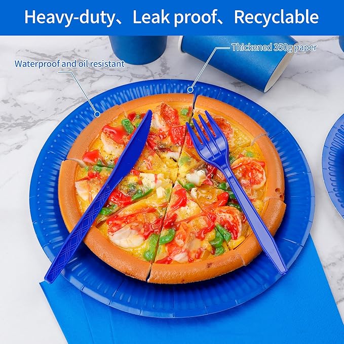 210pcs Blue Plates And Napkins Party Supplies -Plastic Silverware, Paper Cups And Plates.Napkinsdisposable Party Cutlery Set Serves 30