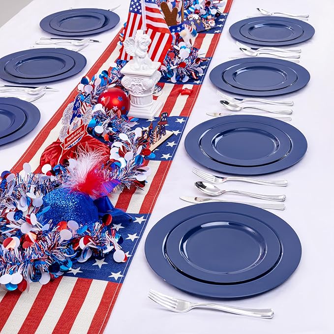 FLOWERCAT 60PCS Blue Plastic Plates - Heavy Duty Blue Plates Disposable (10.25" & 7.5") - serve for 30guest Birthday Party/Wedding/Presidents' Day/Memorial Day/Hanukkah