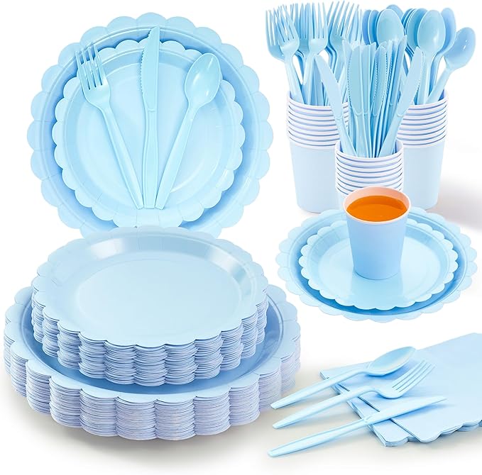 Fijinhom Light Blue Paper Plates Set, 175 PCS Party Supplies, Disposable Dinnerware Set for 25 Guests, Light Blue Paper Plates Napkins Cups Blue Plastic Forks Knives Spoons for Wedding Festivals