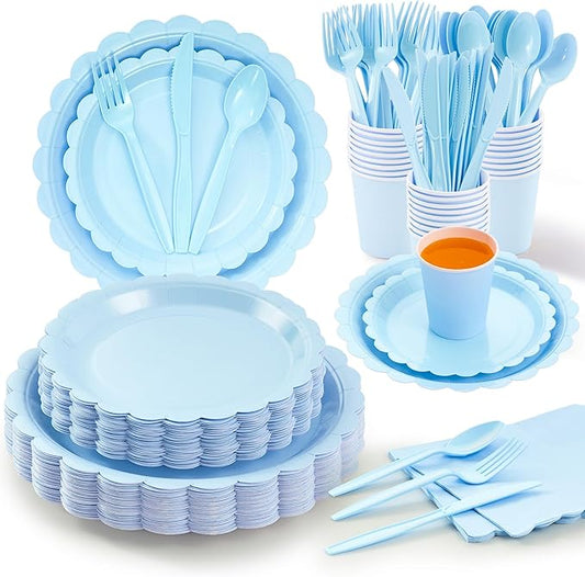 Fijinhom Light Blue Paper Plates Set, 350 PCS Party Supplies, Disposable Dinnerware Set for 50 Guests, Light Blue Paper Plates Napkins Cups Blue Plastic Forks Knives Spoons for Wedding Festivals