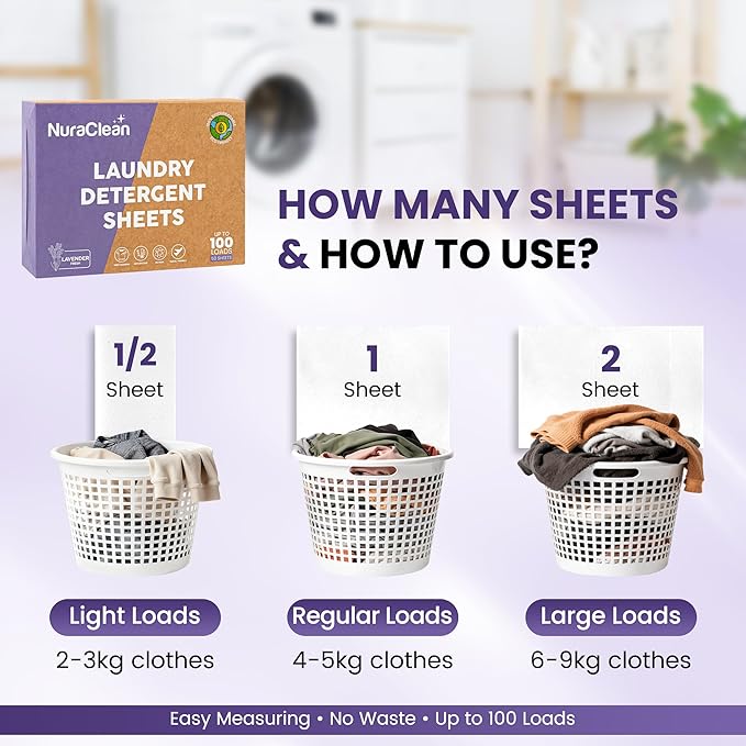Laundry Detergent Sheets, Lavender Fresh – 50 Sheets (Up to 100 Loads), Powerful Clean, HE Compatible, Hypoallergenic, Plastic-Free, Eco-Friendly, Travel Friendly (Lavender)