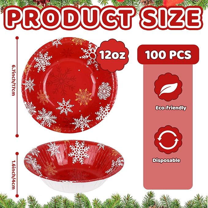 FYSUIMU 100 Pcs Winter Paper Bowls Christmas Red White Snowflake Party Snack Bowl Disposable Serving Bowls for Xmas Party Household Supplies Decor, 12 Oz