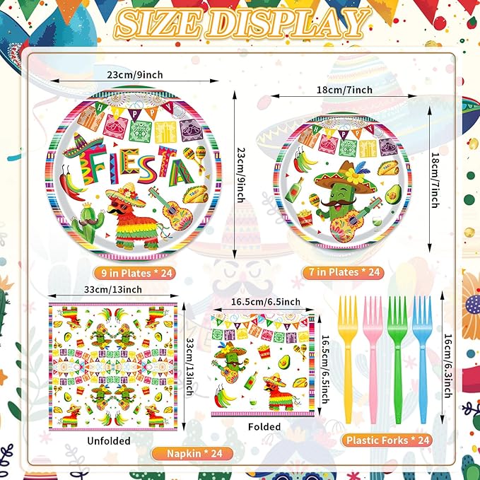 96 Pieces Mexican Fiesta Plates and Napkins, Cinco de Mayo Disposable Tableware with Paper Plates, Napkins, Plastic Forks for Mexican Themed Party, Taco Tuesday, Fiesta Party Supplies, Serves 24