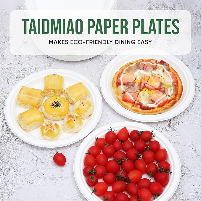 TaidMiao 9 Inch Paper Plates 100 Pack - 100% Compostable Dinnerware | Leak & Grease Resistant Disposable Plates for Parties, Microwavable, Bulk Eco-Friendly - White