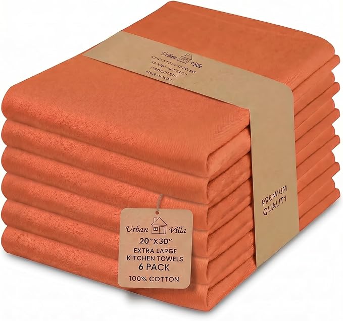 Urban Villa Kitchen Towels 100% Cotton Dish Towels for Kitchen(Set of 6)20”x30” Dish Cloths Highly Absorbent Kitchen Linen Set with Hanging Loop Perfect for Drying Dishes Cleaning Hand Towels – Orange
