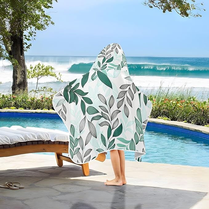 CEBUGI Dark Green Leaves Hooded Bath Towel for Kids Absorbent Soft Bath Towel Wrap with Hood 50x23.5in Pool Beach Shower Towel for Boys Girls