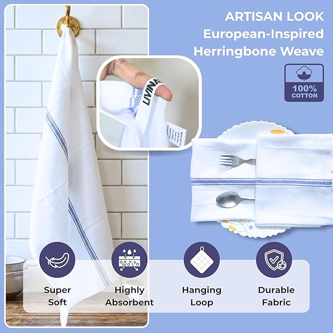Bulk Kitchen Towels Cotton for Chefs in Commercial Restaurants - 15"X25" - 6 Pack - White Linen Tea Dish Towels - Lint Free Soft Absorbent Center Blue Striped Herringbone Weave Towles