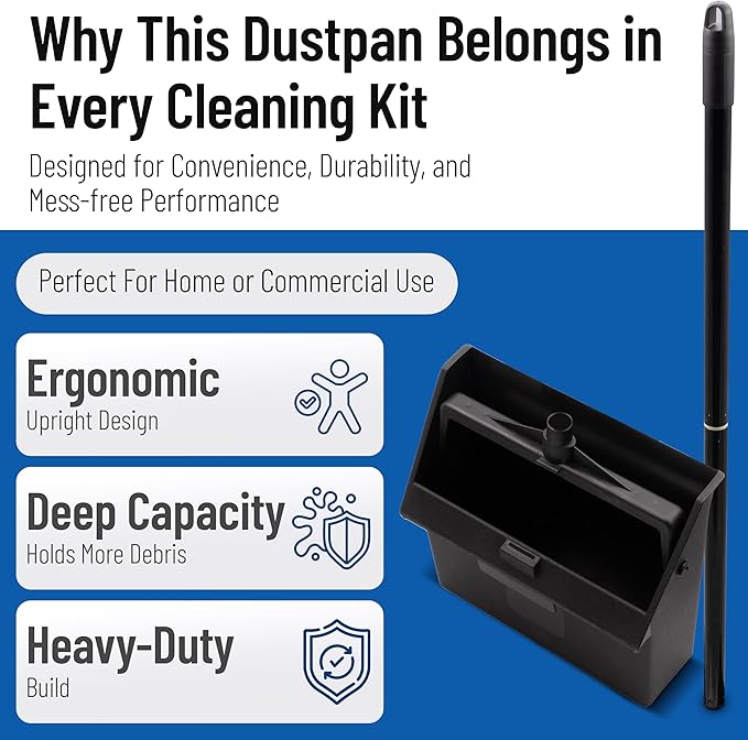 Carlisle FoodService Products Standing Dustpan – Dust Pan with Long Handle, Serrated Edge, Pivoting Pan Design, for Home, Kitchen, Lobby, or Office, 30 Inch Plastic, Black