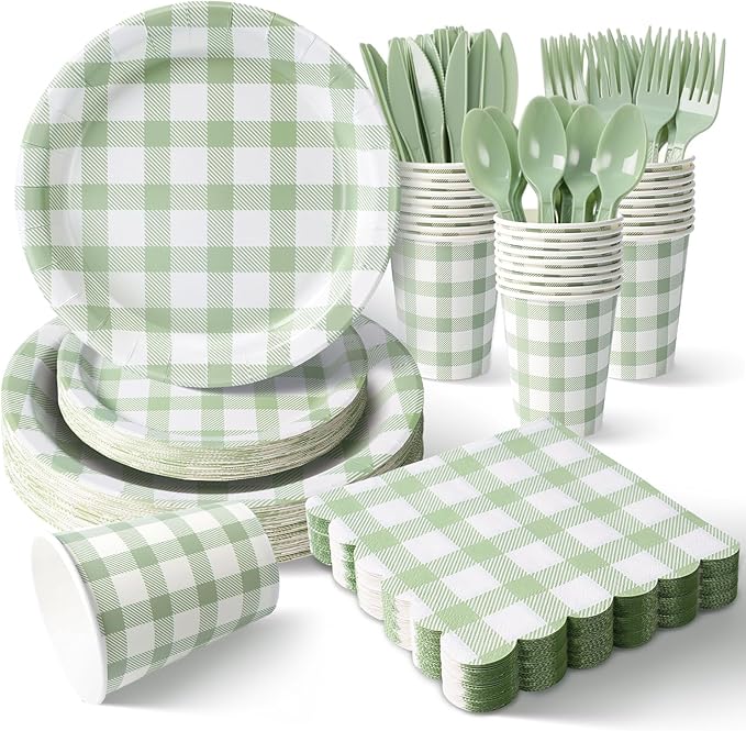 Vyntra 175 Pcs Sage Green & White Checkered Gingham Paper Plates and Napkins Set for 25, 9" Dinner Plates & 7" Dessert Plate, Bridal Shower Garden Party Birthday Party